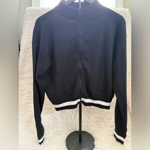 Mono B zippered sweater with white piping on cuffs and hem size large